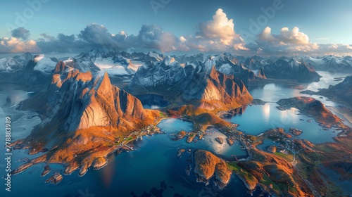   An aerial photo of a mountain range with a lake in front and sky behind © Anna