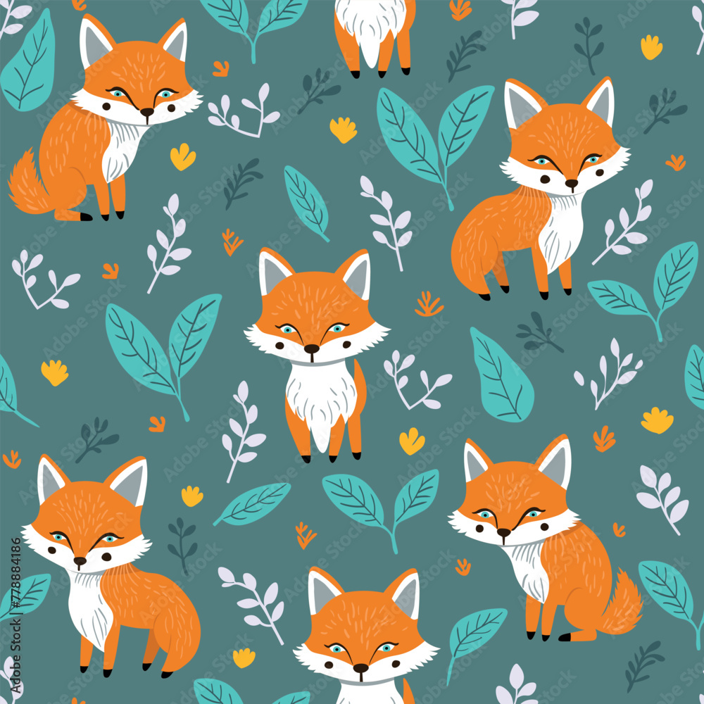 Children's pattern with foxes. Fairytale foxes sit and stand on a green background between branches, leaves and flowers. Wallpaper and decoration for a children's room.