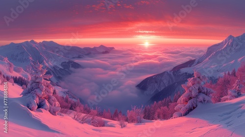  The sun sets over a mountain range dusted with snow, with snow-covered trees and snow-capped peaks surrounding it