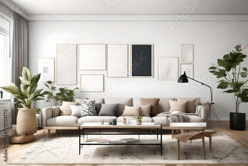 A Scandinavian-inspired living room with a clean and minimalistic wall mockup  emphasizing functionality and timeless design.
