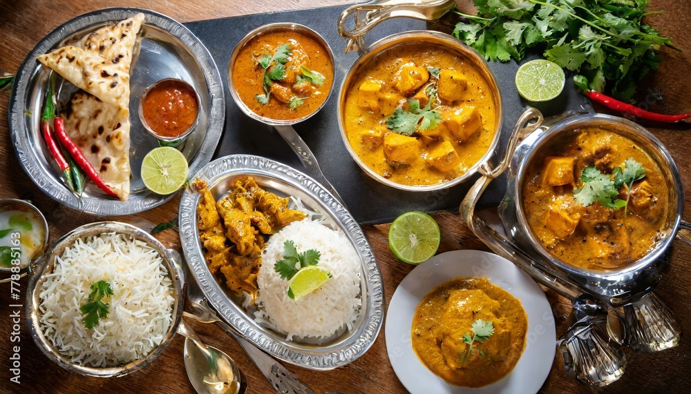 Aerial Feast: Assorted Indian Curry and Rice Dishes Captured from Above