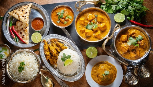 Aerial Feast: Assorted Indian Curry and Rice Dishes Captured from Above"