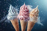Dark space sets the stage for three delectable ice cream cones with double scoop, perfect for advertising campaigns