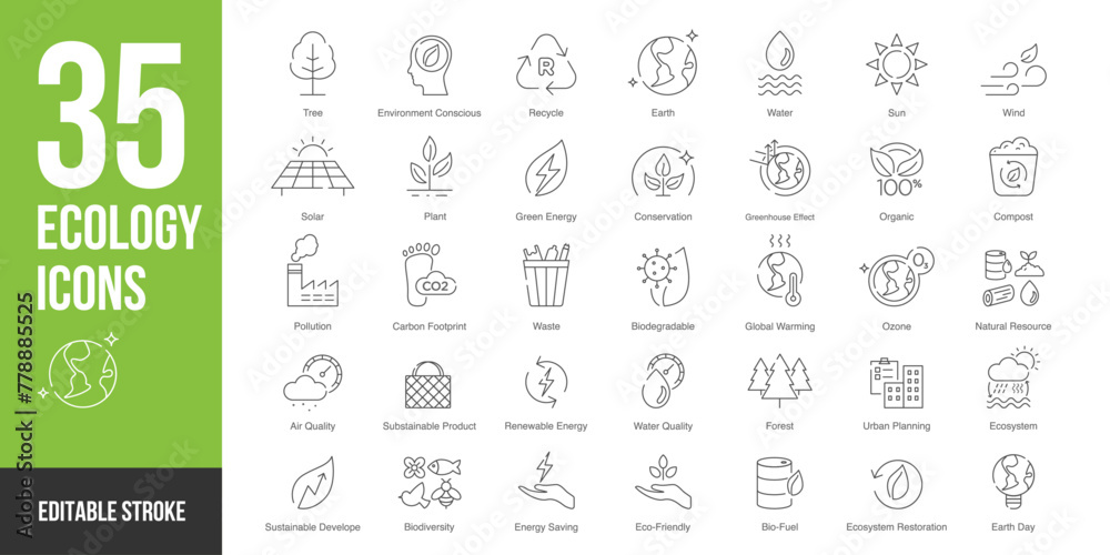 Nature and ecology icon set in line style. Nature and ecology icon set in linel style symbol sign for apps and website and infographic vector illustration. - obrazy, fototapety, plakaty 
