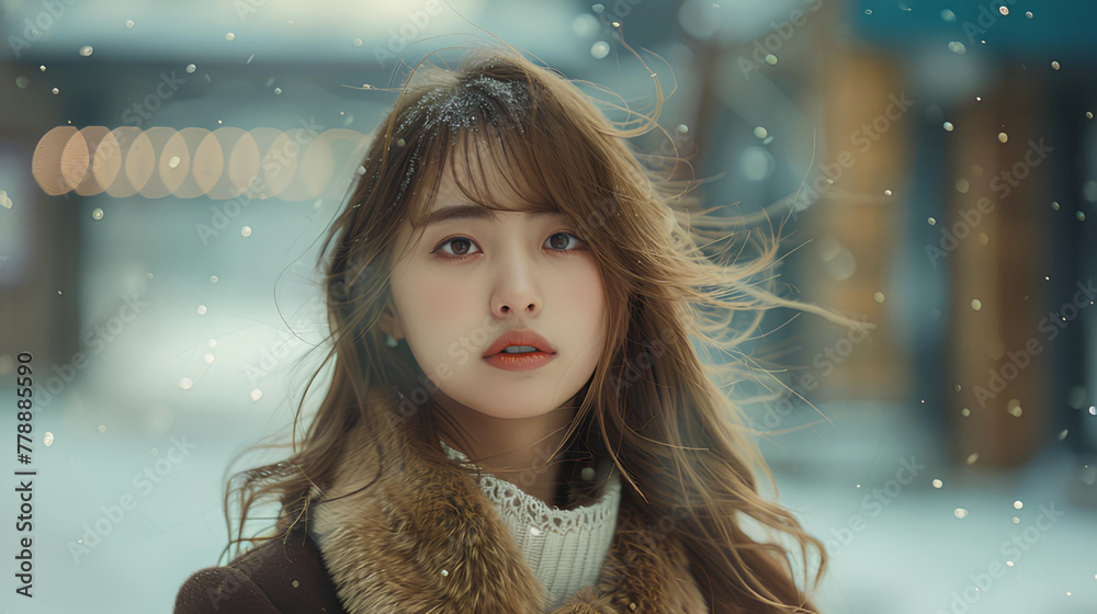 Portrait of a woman in winter, Beautiful Asian girl on a snowy day Portrait of a woman in winter, Beautiful Asian girl on a snowy day