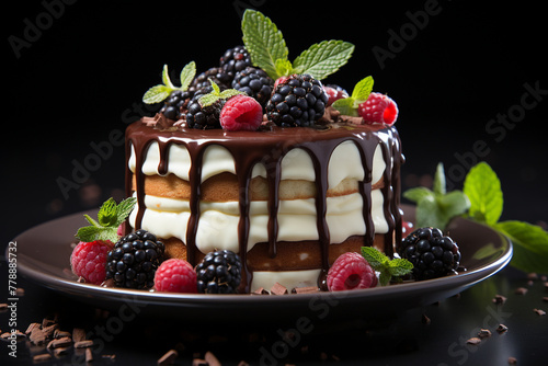 Chocolate cake with berries and white icing. © Oksana