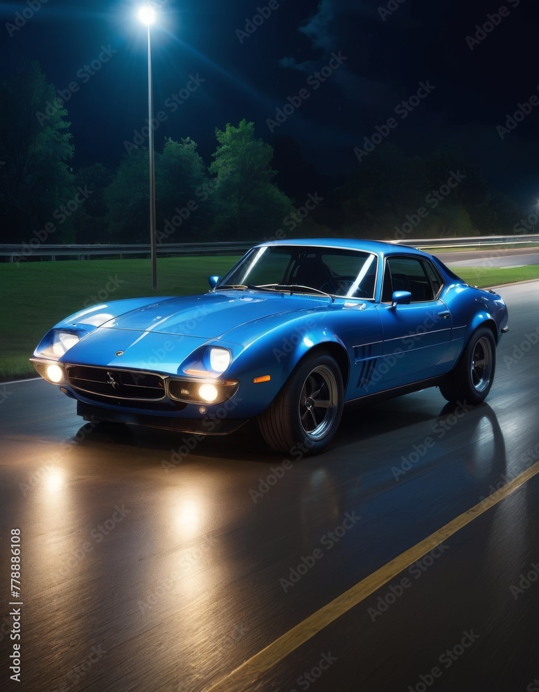 A beautifully restored blue classic car cruising on an open road at night, its silhouette enhanced by the soft roadside lighting.