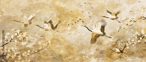 Animated Japanese background with crane birds silhouettes. Hand drawn wave Chinese clouds in vintage style. Watercolor painting with abstract banner.