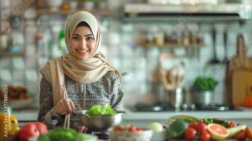 Muslim woman cooking in the kitchen