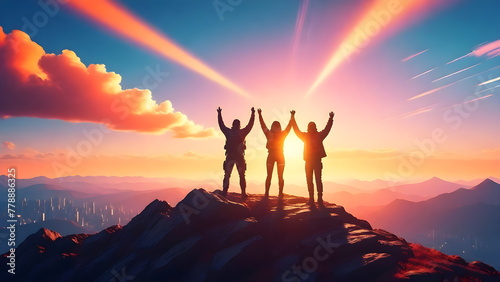 Silhouette of a people with arms raised up in the mountains at sunset, vibrant colors