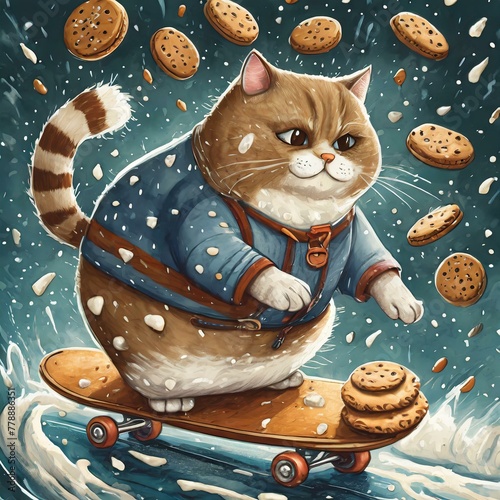 milk and cookie cat on skateboard. photo