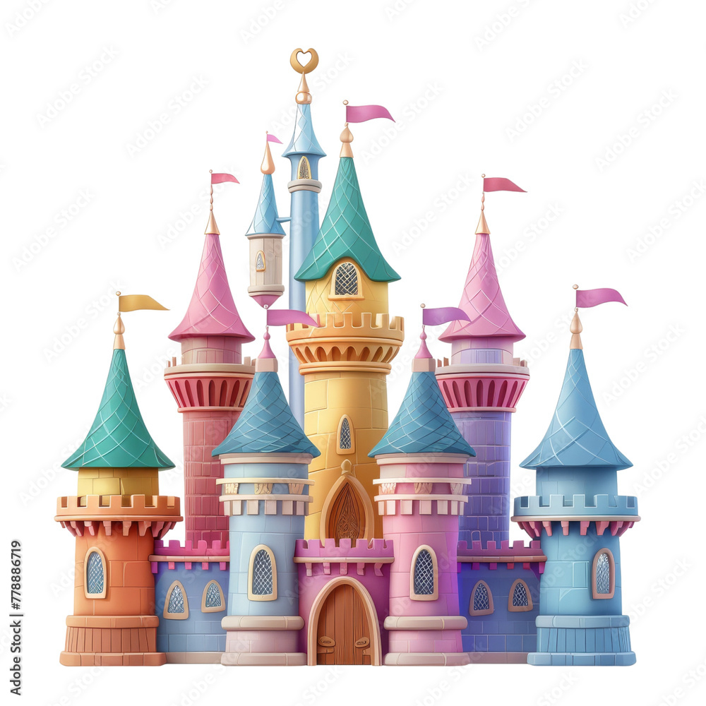 2D asset element of a toy castle, towers shimmering with magical colors, isolated on white background