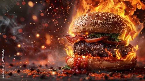 Flaming burger with spices and smoke effect