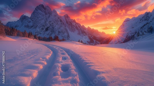   Sun set on snowy mountains with snow tracks in fg & mtns in bg photo