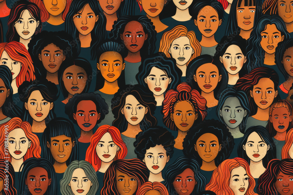 Diverse Array of Illustrated Women's Faces Showing Multicultural Beauty