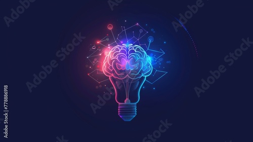 A glowing brain is depicted in a purple, blue and red light. Concept of intelligence and creativity