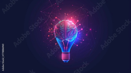 A glowing brain is depicted in a purple, blue and red light. Concept of intelligence and creativity