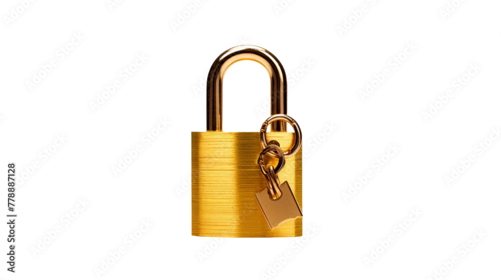 An unlocked gold padlock with a key lies isolated on a white background An unlocked gold padlock with a key lies isolated on a white background