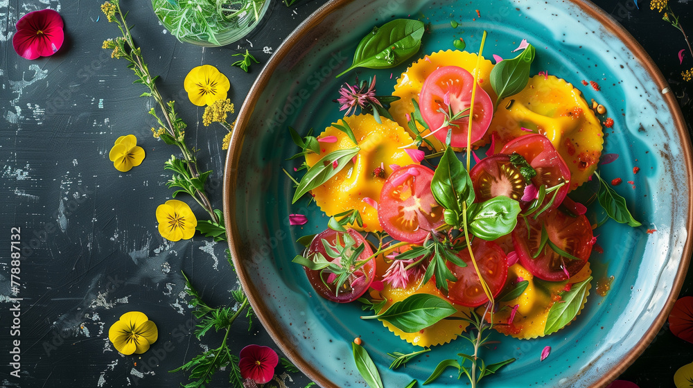 Colorful ravioli dish with tomato slices and edible flowers on a blue plate. A vibrant culinary composition with a gourmet touch.
Colorful ravioli dish with tomato slices and edible flowers on a blue plate. A vibrant culinary composition with a gourmet touch.