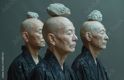 Three bald Japanese men with rocks on their heads. Generative AI 
