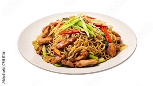 Asian fried noodles with chicken and vegetables isolated on white background