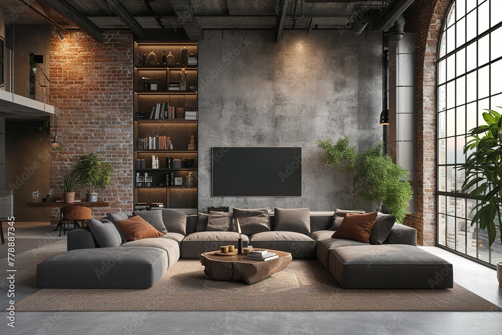 Stylish dark living room interior with gray sofa mock up, modern interior background, empty black wall mockup, 3d illustration Stylish dark living room interior with gray sofa mock up, modern interior background, empty black wall mockup, 3d illustration