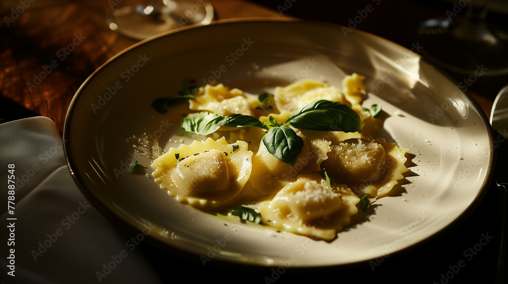 Sun-kissed ravioli on a plate with fresh herbs, a warm and inviting culinary moment captured.
Sun-kissed ravioli on a plate with fresh herbs, a warm and inviting culinary moment captured.