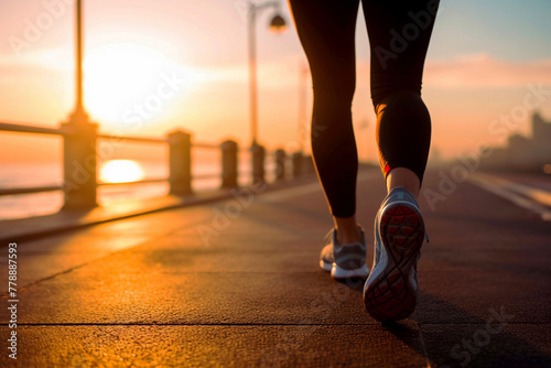 Female legs in sports shoes running along the embankment at sunset. Sports lifestyle