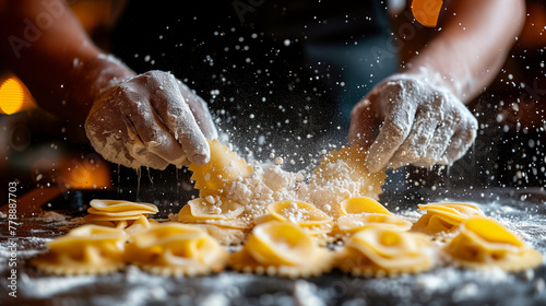 Chef preparing fresh, artisanal pasta dough in a professional kitchen.