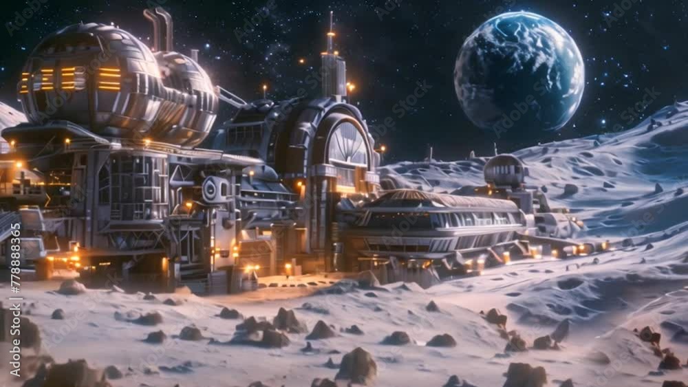 Complex architecture of a futuristic human base on the moon - lunar colonization with planet Earth in the background in space. Cinematographic animation of a sci-fi setting 