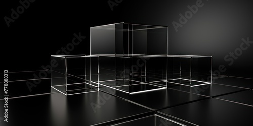 Black glass cube abstract 3d render, on black background with copy space minimalism design for text or photo backdrop 