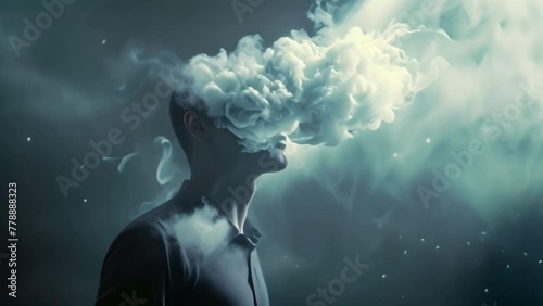 Animation of a dense smoke in the face of a young man, abstract symbol of the concept of the disease of Alzheimer, forgetting memories and mental health issues photo