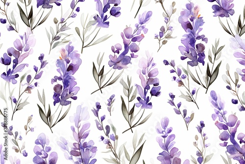 Lavender flower petals and leaves on white background seamless watercolor pattern spring floral backdrop 