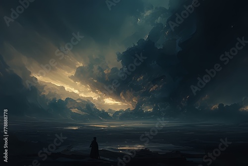 A dark and dramatic sky with storm clouds gathering over an alien landscape, with the sun setting in the distance