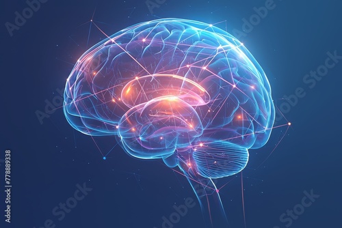 A digital brain with glowing neural connections, symbolizing the complexity of artificial intelligence and its ability to process information in an unending stream of data.  photo