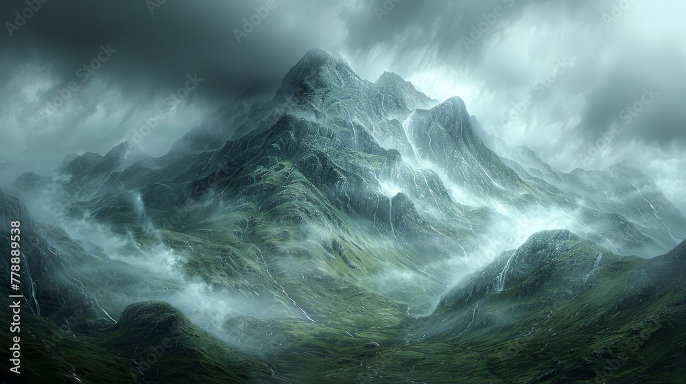   A digital painting depicting a misty mountain range beneath an overcast sky, featuring a boat prominently in the foreground - obrazy, fototapety, plakaty 