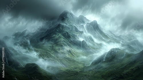   A digital painting depicting a misty mountain range beneath an overcast sky, featuring a boat prominently in the foreground