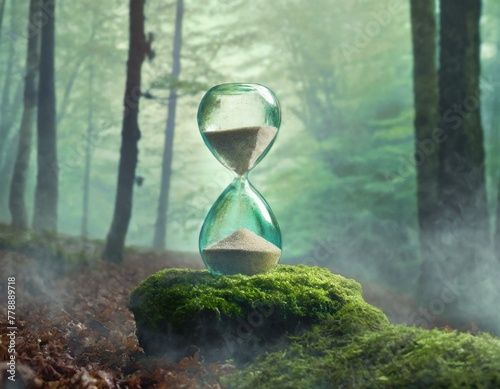 A mystical hourglass with glowing sand  positioned on a moss-covered stone in a misty forest  evoking a sense of magic and timelessness