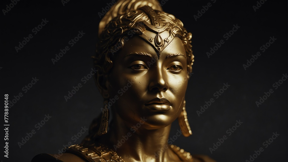 golden female warrior statue close up portrait on plain black background from Generative AI golden female warrior statue close up portrait on plain black background from Generative AI