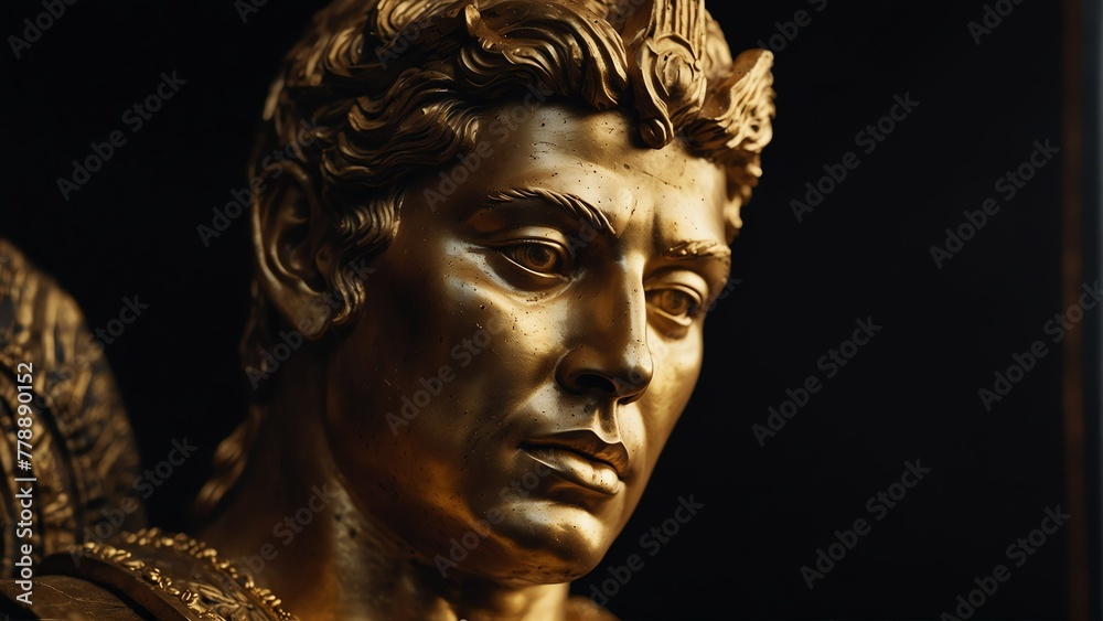 golden general statue close up portrait on plain black background from Generative AI