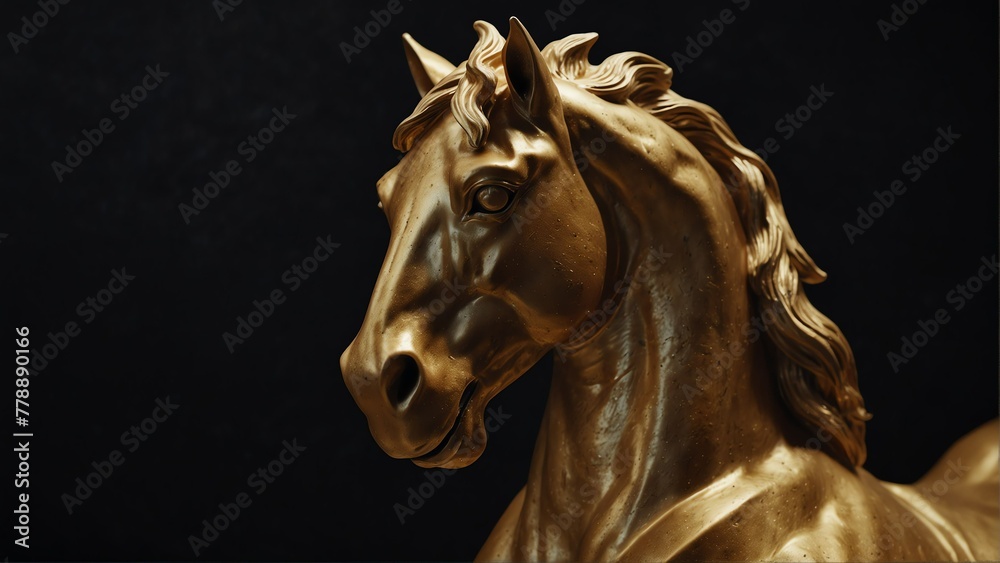 golden horse statue close up portrait on plain black background from Generative AI