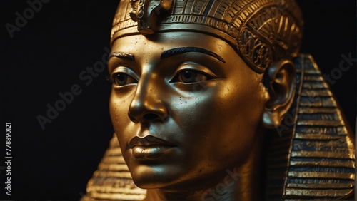golden egyptian emperor statue close up portrait on plain black background from Generative AI