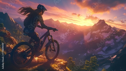 A female mountain biker riding down the side of an alpine trail, rocky mountains in the background