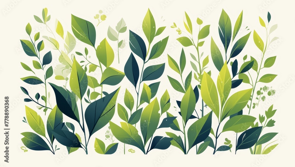 A flat illustration of green leaf shapes with subtle gradients, representing growth and nature's beauty 