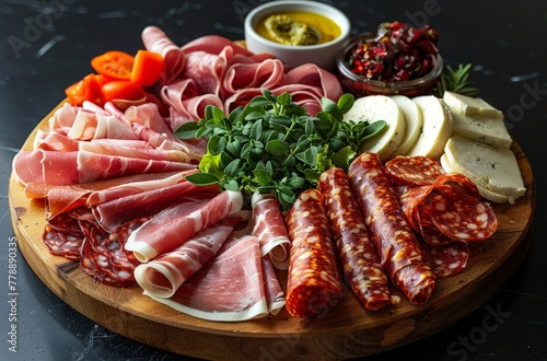 An appetizing charcuterie board filled with an assortment of cured meats, cheeses, and condiments