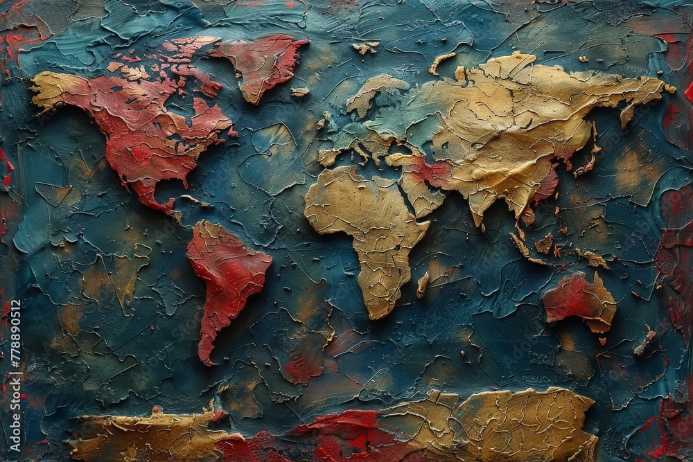 An artistic representation of the world map with a textured, relief effect on canvas highlighting the continents