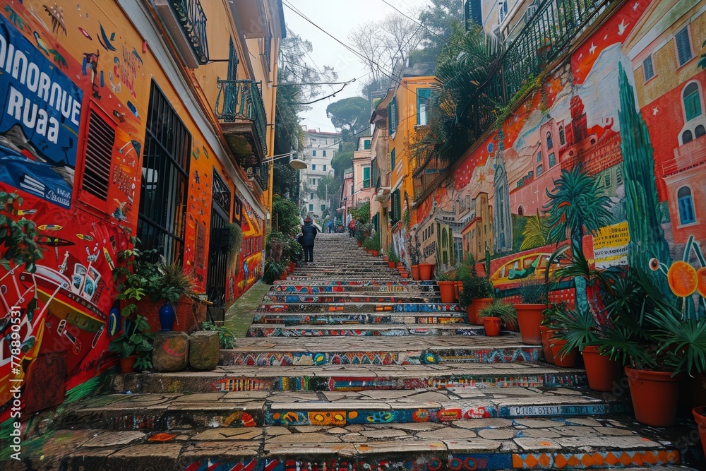 Fototapeta premium The Selaron Stairs, a world-famous set of steps in Rio de Janeiro, are adorned with colorful tiles and graffiti