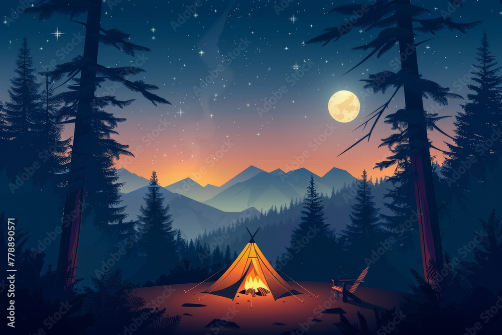 Serene Mountain Camping Under Starry Moonlit Sky
