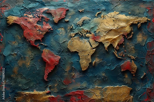 An artistic representation of the world map with a textured, relief effect on canvas highlighting the continents