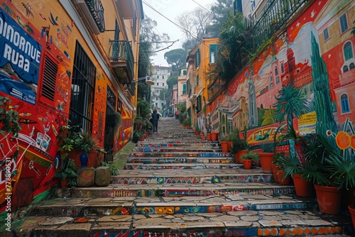 The Selaron Stairs, a world-famous set of steps in Rio de Janeiro, are adorned with colorful tiles and graffiti © Nena Ai